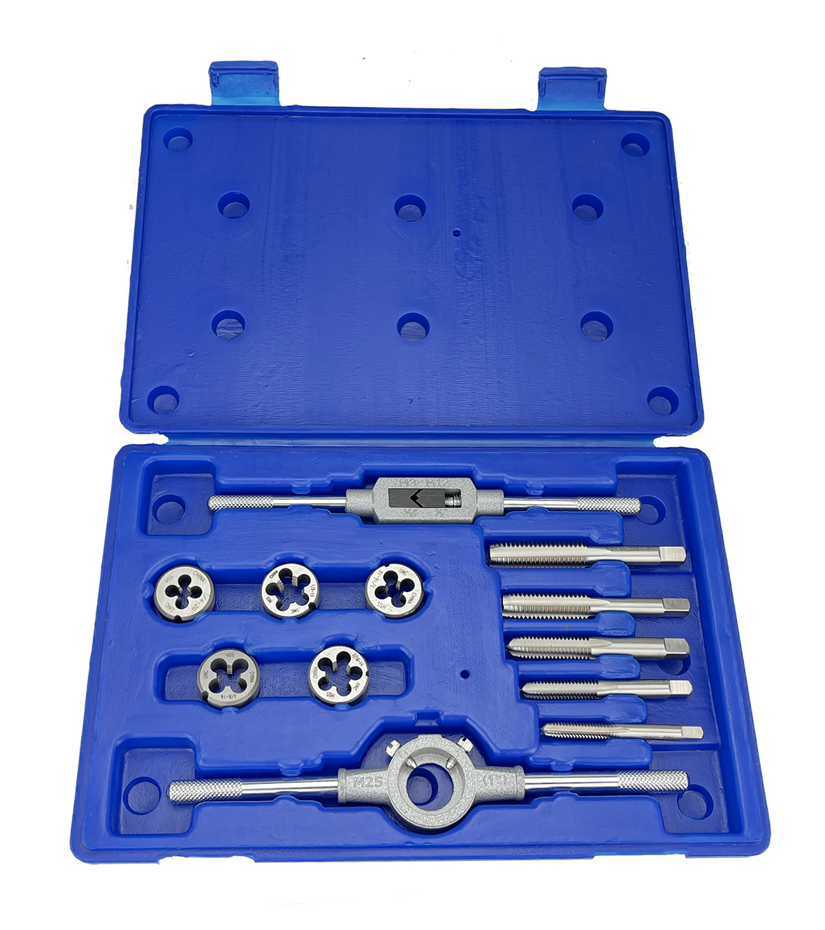 12 Piece NF HSS Round Tap and Die Set (1/4 - 1/2) with 1 OD Round Dies and Handles