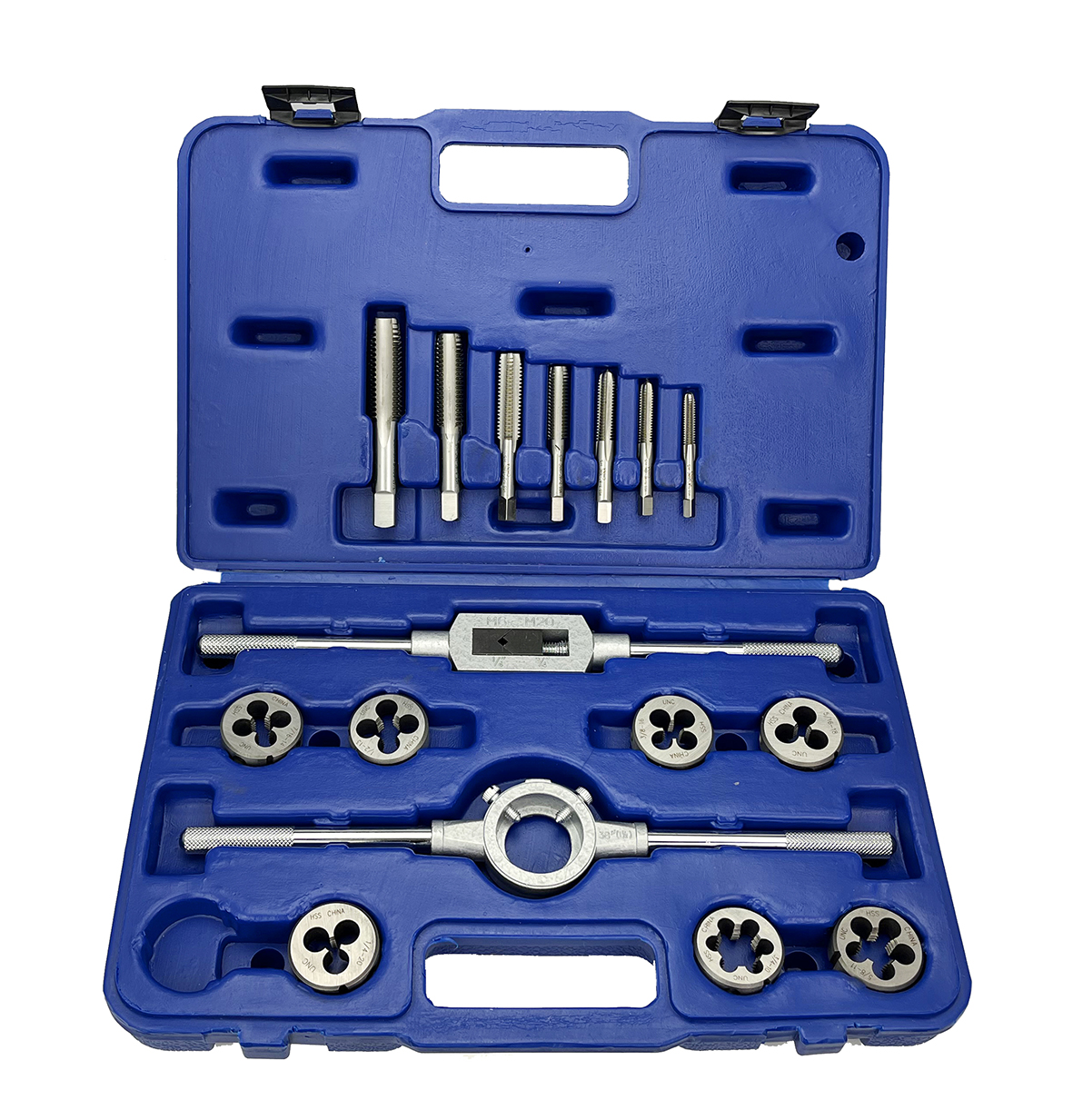 16 Piece NF HSS Round Tap and Die Set (1/4 - 3/4) with 1-1/2 OD Round Dies and Handles