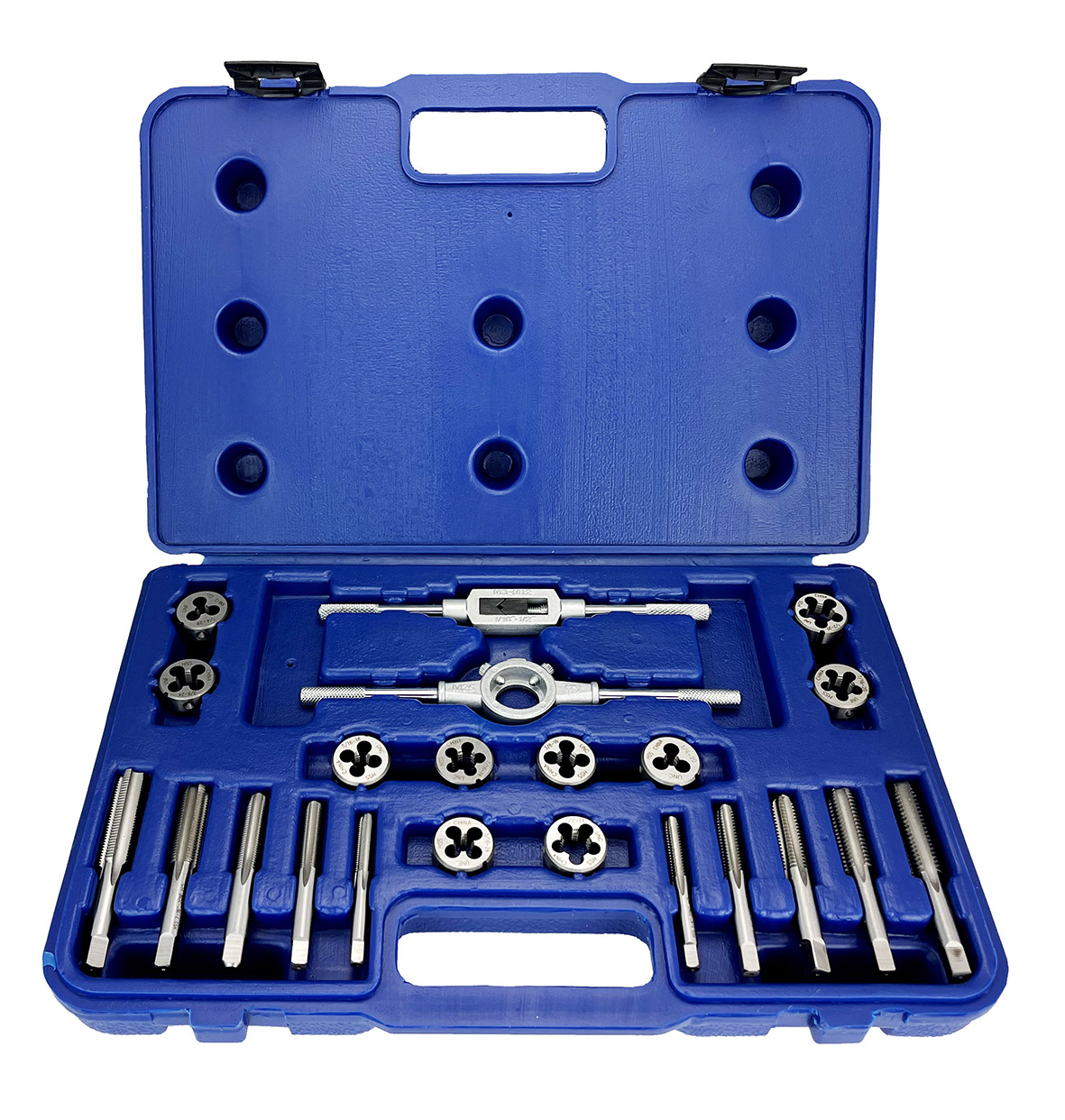 22 Piece NC/NF HSS Round Tap and Die Set (1/4 - 1/2) with 1 OD Round Dies and Handles
