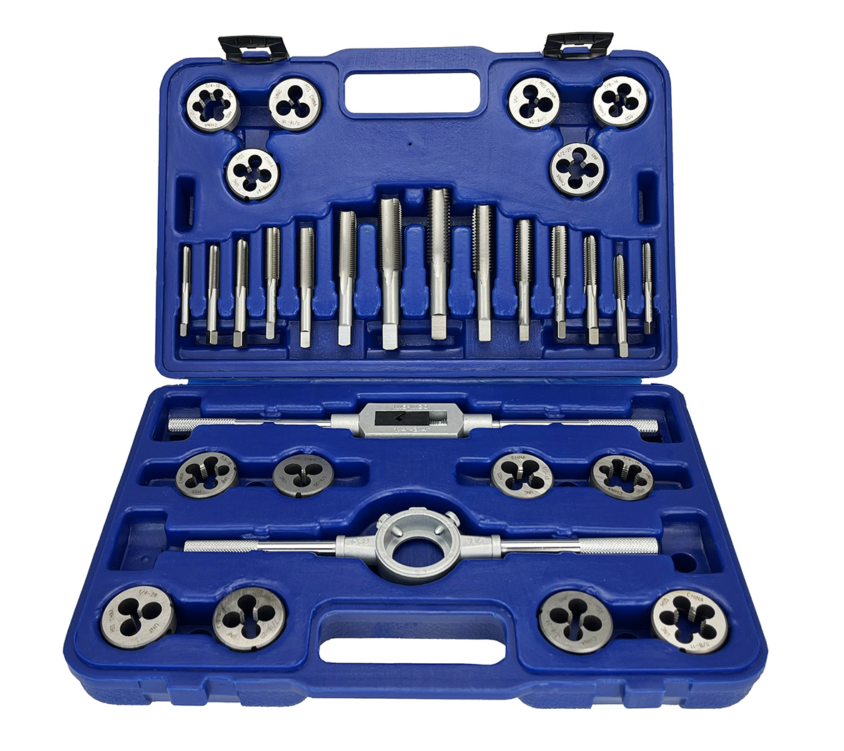 30 Piece NC NF HSS Round Tap and Die Set (1/4 - 3/4) with 1-1/2 OD Round Dies and Handles