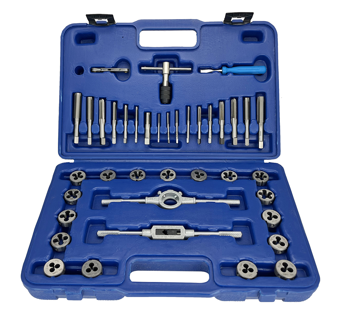 39 Piece NC NF HSS Round Tap and Die Set (#4 - 1/2) with 1 OD Round Dies and Handles