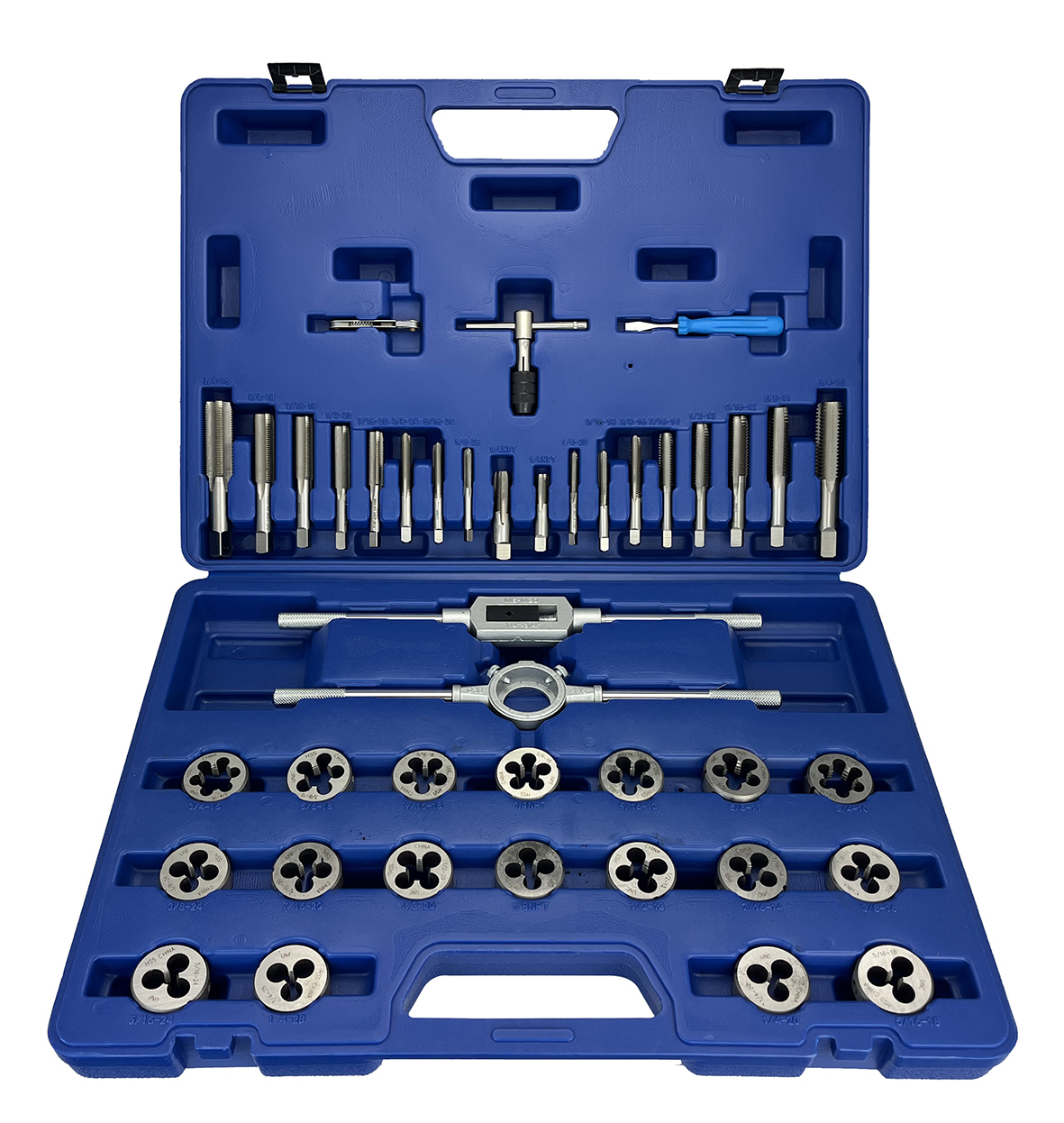 41 Piece NC NF HSS Round Tap and Die Set (1/4 - 3/4) with 1-1/2 OD Round Dies and Handles