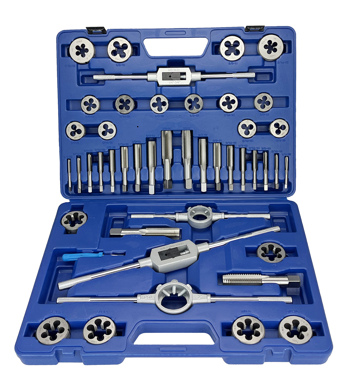 45 Piece NC NF HSS Round Tap and Die Set (1/4 - 1) with 1-1/2 OD Round Dies and Handles
