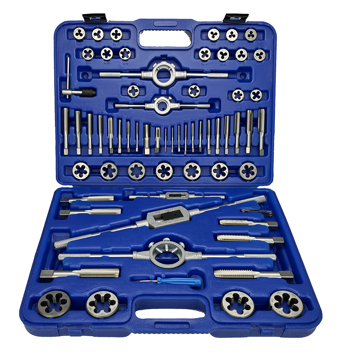 64 Piece NC NF HSS Round Tap and Die Set (#4 - 1) with 1 - 2 OD Round Dies and Handles